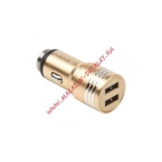 Автомобильная зарядка универсальная 2 USB выхода 2.1 А + кабель USB Type C золотая, металлическая, блистер