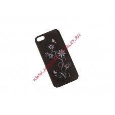 Защитная крышка Цветок с красными бутонами серый лак со стразами для Apple iPhone 5, 5s, SE, серая