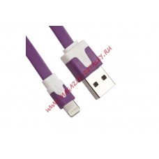 USB кабель для Apple iPhone, iPad, iPod 8 pin плоский узкий сиреневый, коробка LP