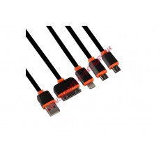 USB кабель "LP" 4 в 1 для подзарядки Apple 8 pin/30 pin/MicroUSB/MiniUSB плоский (черный/оранжевый)