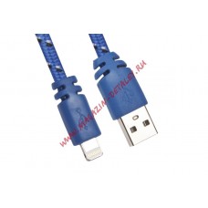 USB кабель для Apple iPhone, iPad, iPod 8 pin плоская оплетка синий, европакет LP