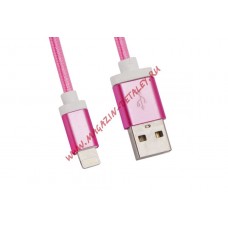 USB кабель для Apple iPhone, iPad, iPod 8 pin оплетка и металл. разъемы в катушке 1.5 м, розовый LP